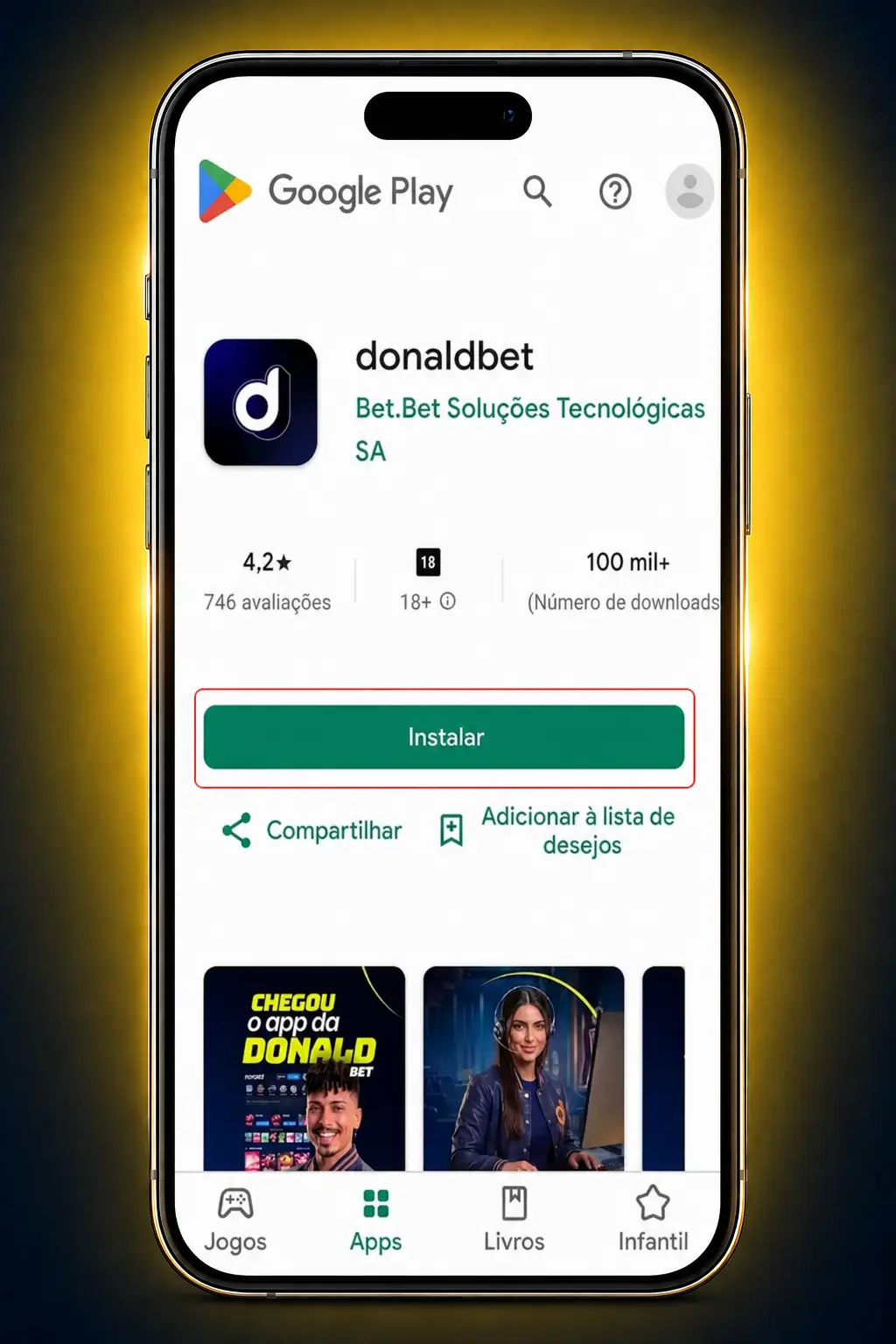 Passo a passo para baixar e instalar o aplicativo DonaldBet APK em celulares Android em quatro etapas simples.