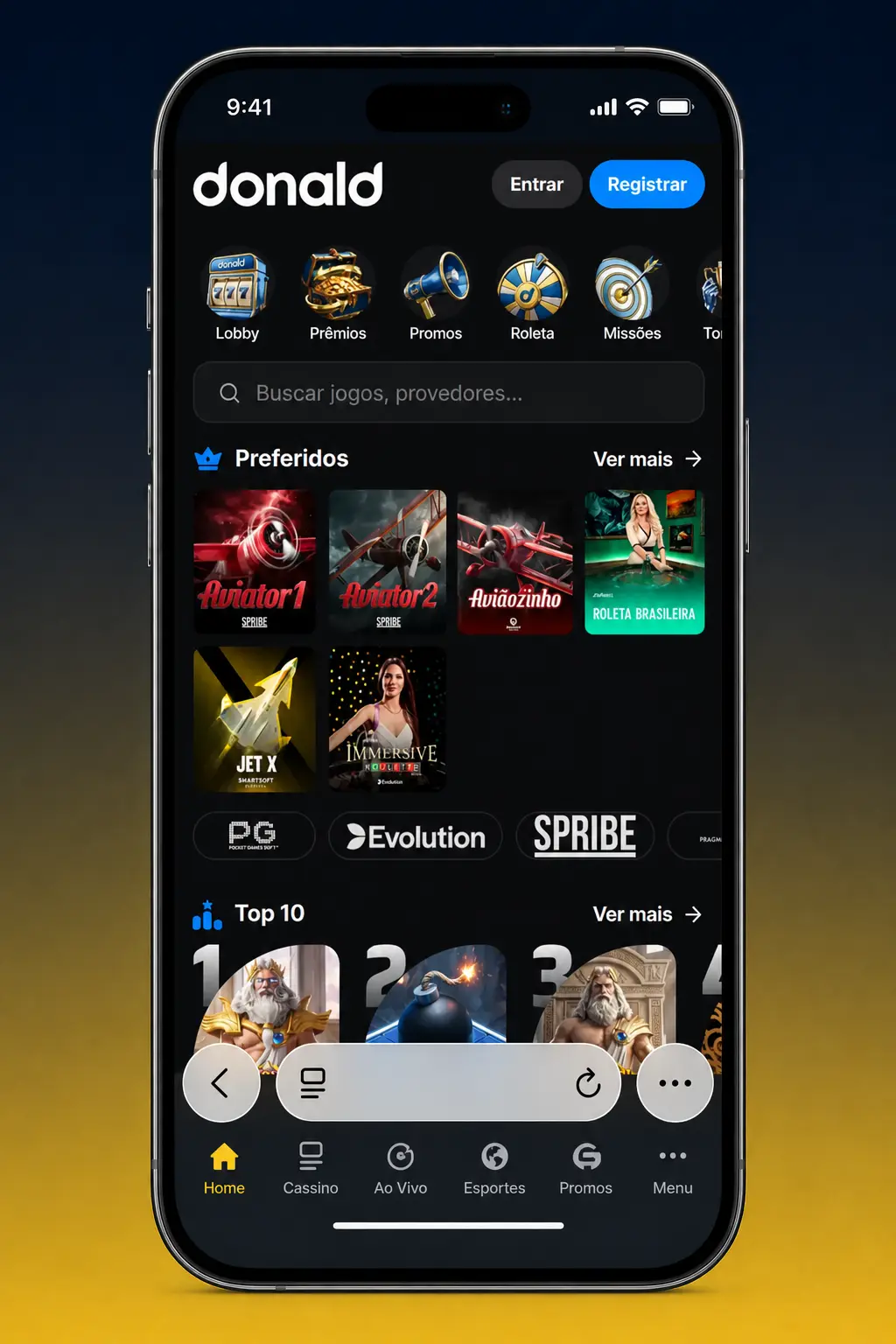 Passo a passo para baixar e instalar o app DonaldBet via PWA em dispositivos iOS usando o navegador Safari.