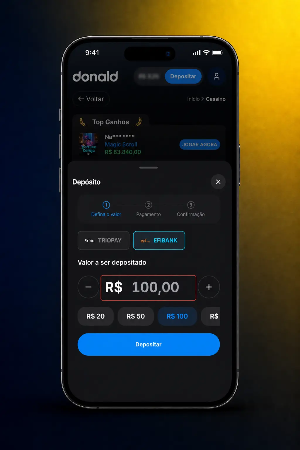Passo a passo para fazer um depósito na DonaldBet usando PIX, cartão de crédito ou boleto bancário