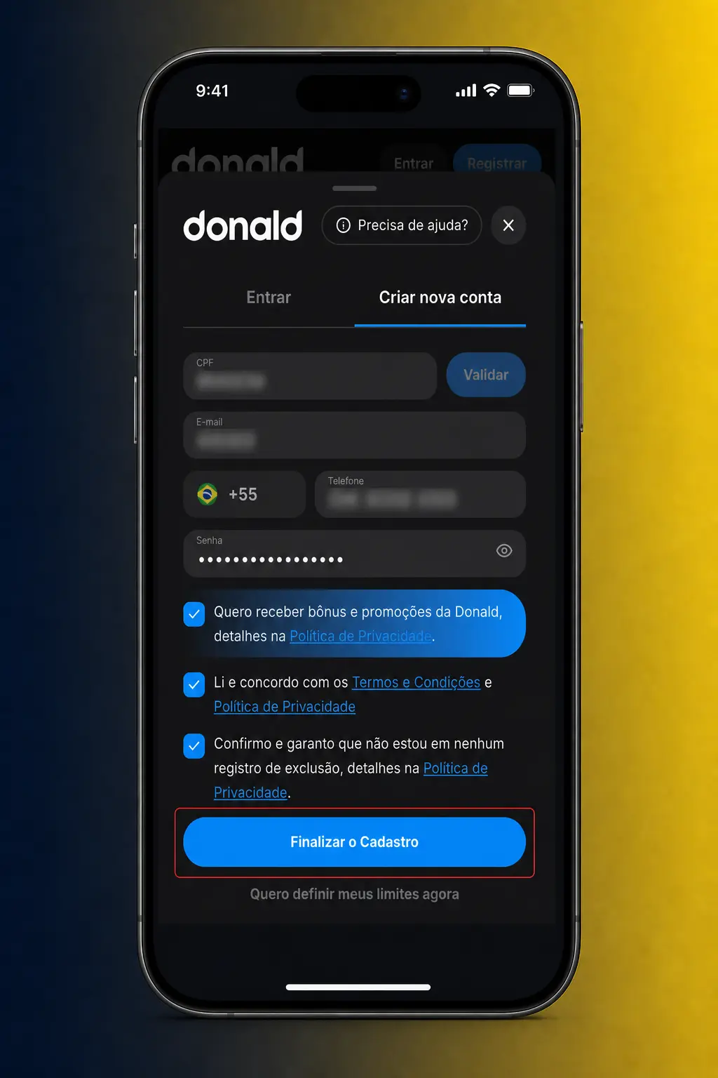 Tela de cadastro no aplicativo móvel DonaldBet mostrando as etapas de registro com biometria